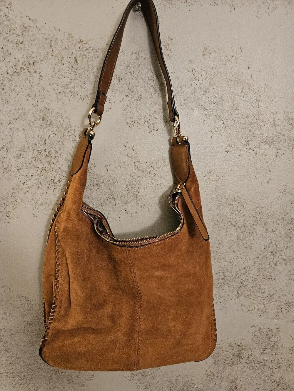 Brown Suede and leather Whipstitch Hobo Shoulder Bag